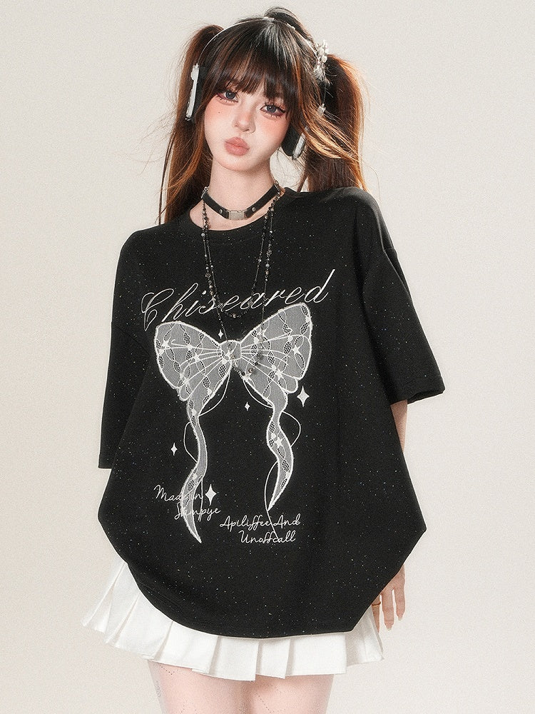 Kawaii T-shirt Print Applique And Daily Letter Bow Star Big White/Black