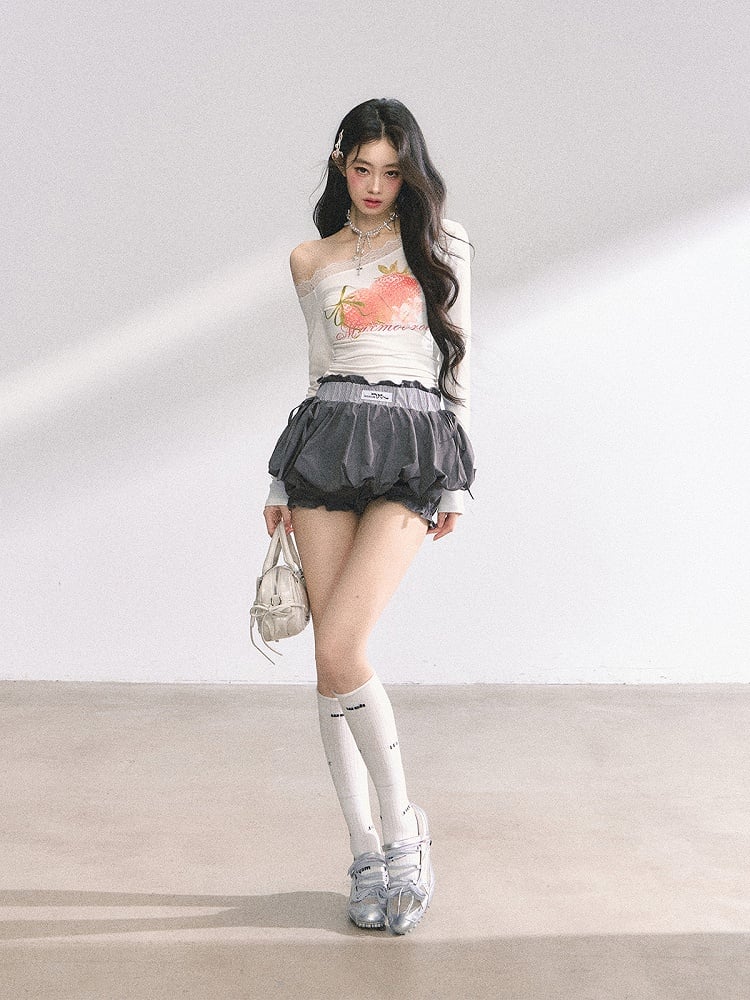 White Asymmetrical Neckline Strawberry Print Top