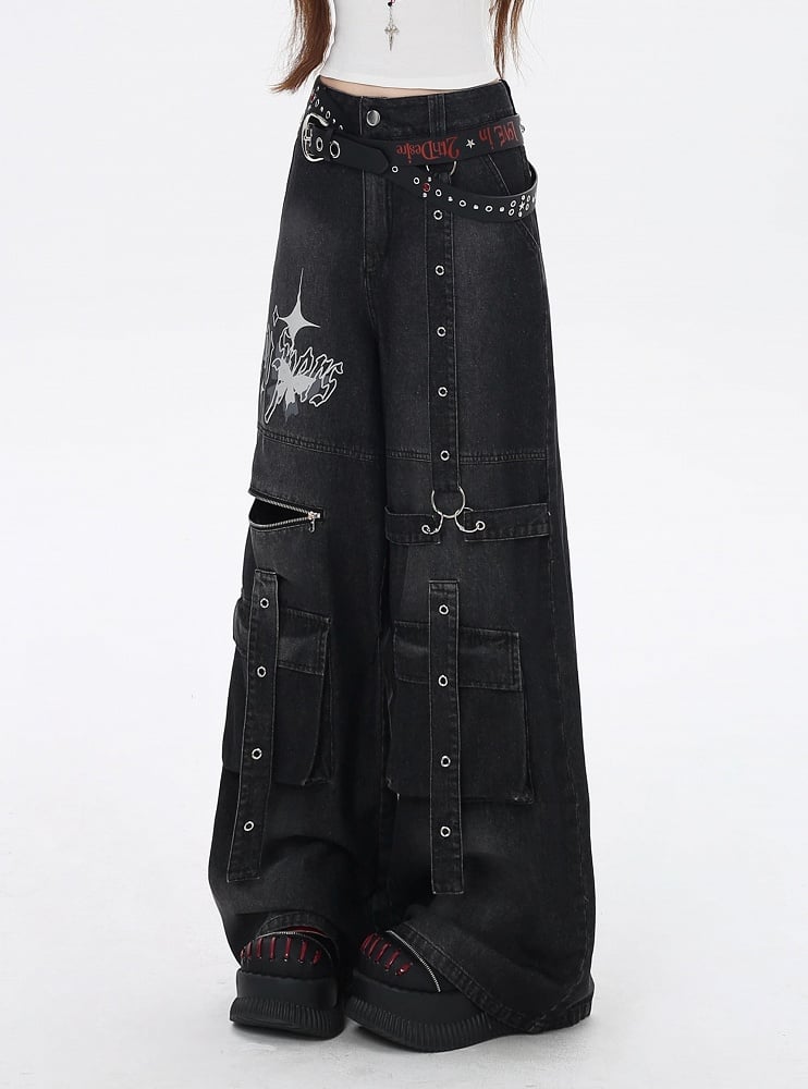 Wide-Leg Cargo Jeans Strap Details Vintage Black Butterfly Print