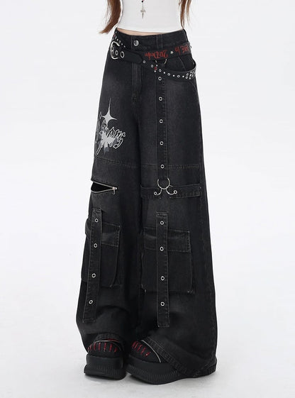 Wide-Leg Cargo Jeans Strap Details Vintage Black Butterfly Print