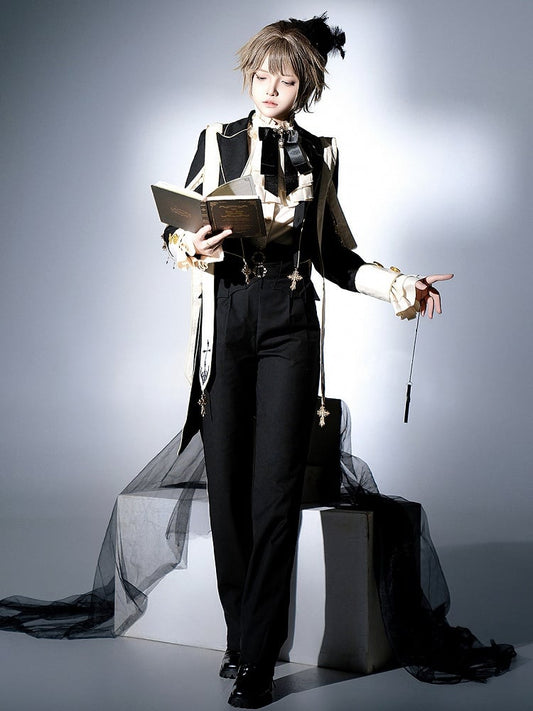 Prince Style Ouji Lolita Full Set Long Sleeves Shirt + Blazer Collar Coat + High Waist Pants