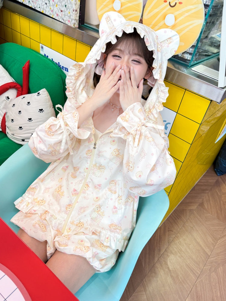 Cuffs Kitty Beige Allover Kitty Print Hood Sun Protection Jacket Ears Drawstring