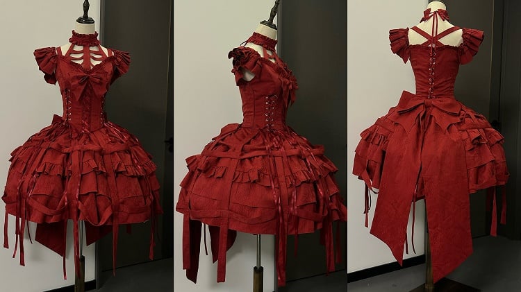 Design Lace-ups with Waist Birdcage Ovarlay Red Lolita Dress Skirt Big and Gothic Bow Corset Detachable