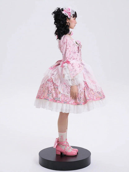 Pink Rosette Print Rococo Fashion Inspired Lolita Dress Square Neckline Bell Sleeves OP / Full Set