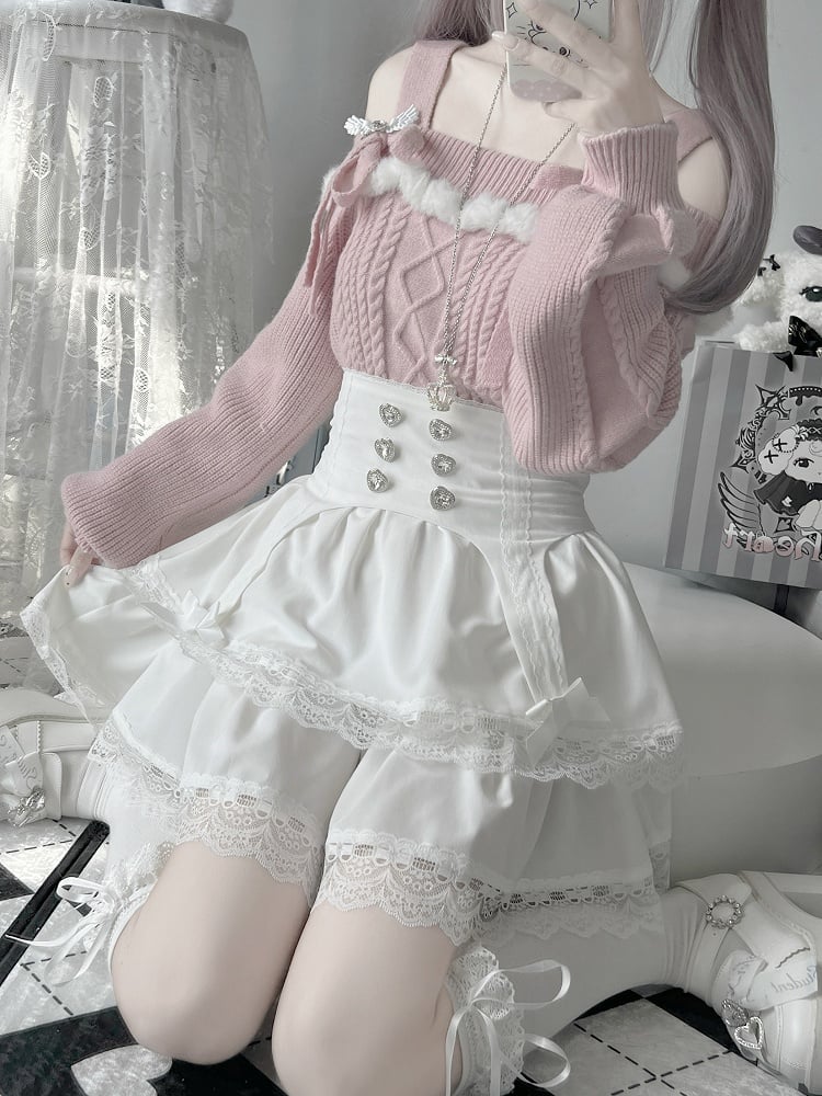 Jirai Kei Pink Off-shoulder Bow Accents Landmine Style Sweater