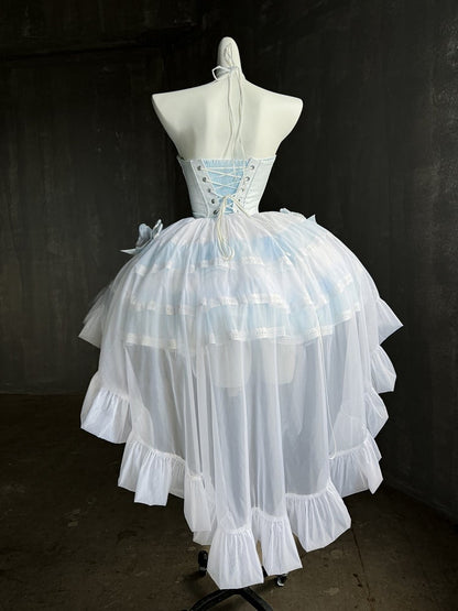 Blue Balletcore Boned Waist Strapless Puffy Dress with Removable Tulle Train