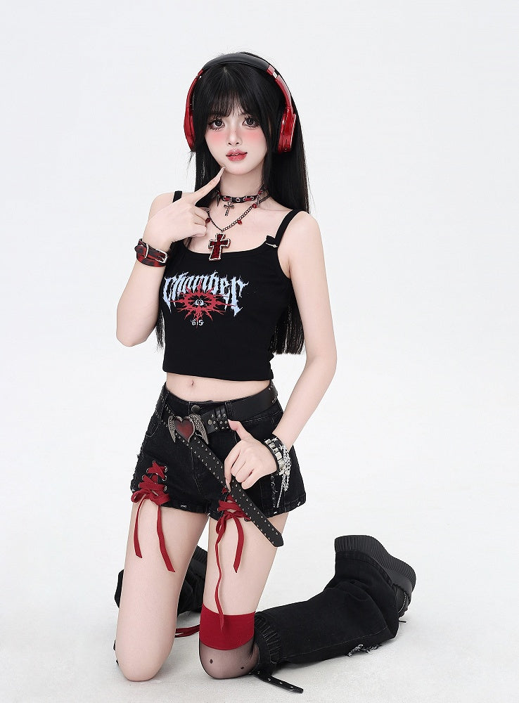 Lace-up Details with Red Leg Black Warmers and Butterfly Hem Denim Shorts Applique