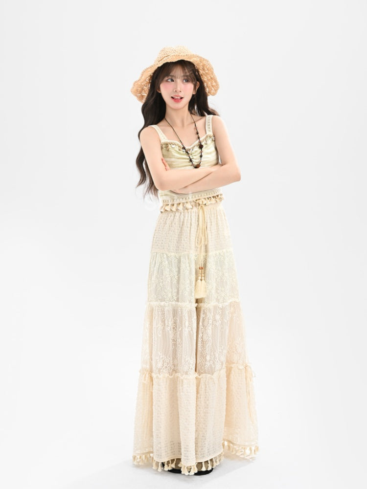 Cami Top Tassel Shell Charm Green Slim-fitting Hem