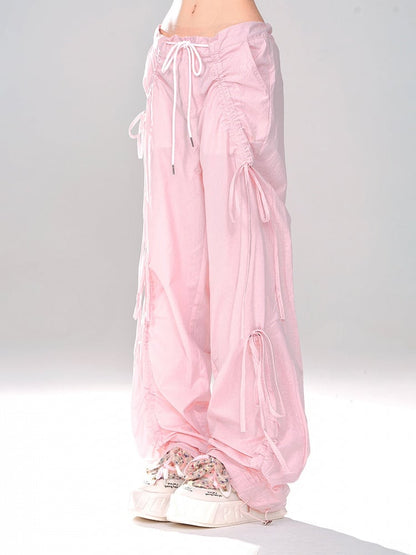 Pink Low Waist Wide-Leg Pants with Asymmetrical Drawstring Bows - Daily Kawaii Style