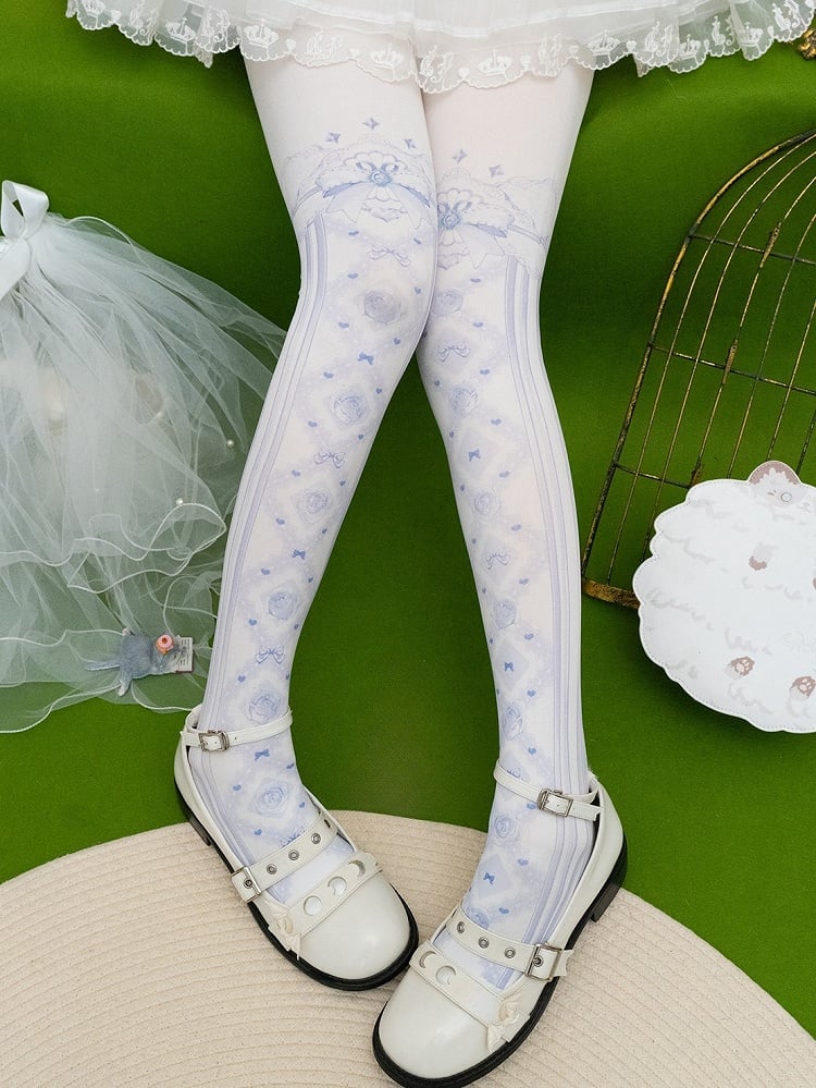 Print Tights Floral And Red/Pink/Blue/Black/Yellow Bowknot