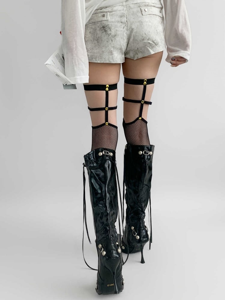 Gothic Punk Studs Detail Black Fishnet Stockings