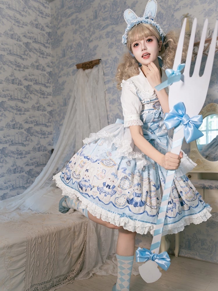 Blue Alice Bunny Lolita Dress Print Clock Sweet and