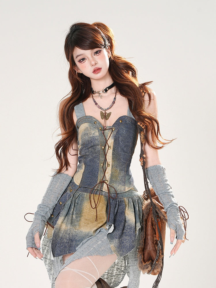 Three - Set Blue Oil Painting Pieces Lace-up Front Hooded Top +