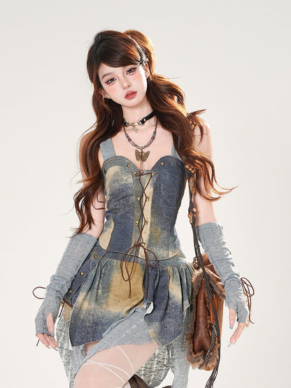 Three - Set Blue Oil Painting Pieces Lace-up Front Hooded Top +