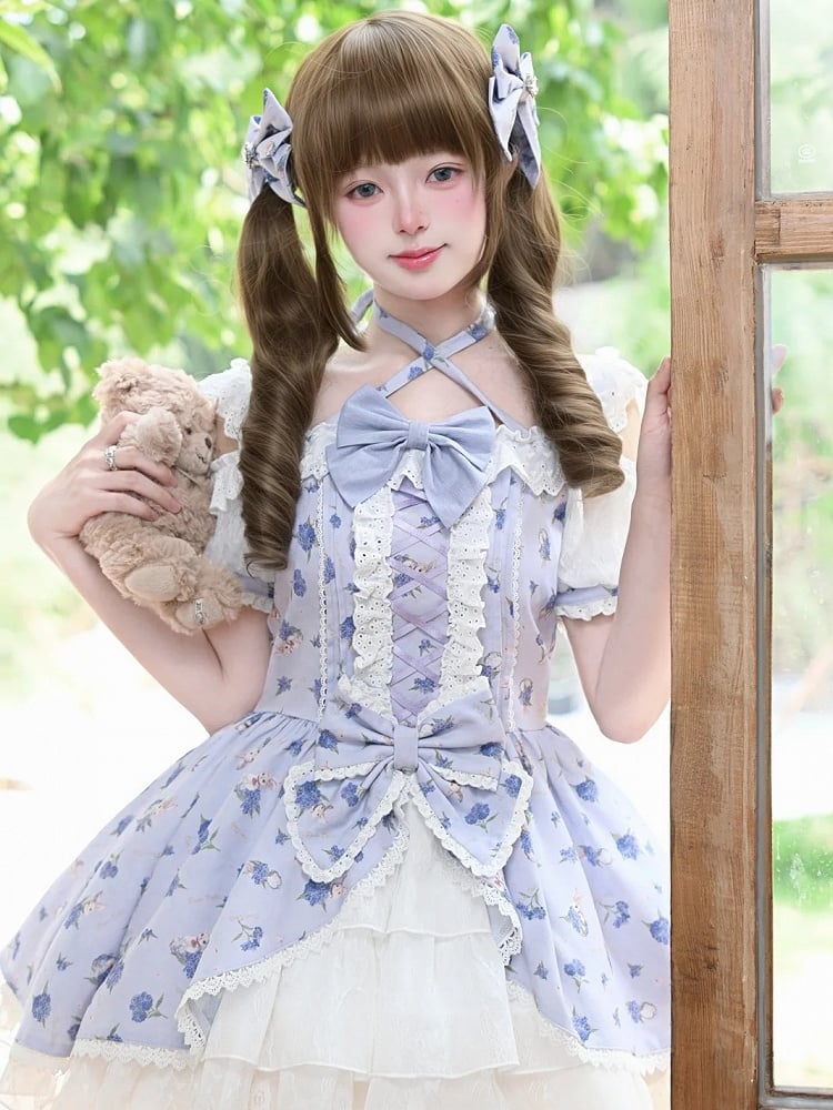Neck Purple Hydrangea Print Open Shoulder Halter Light OP Sweet Lolita Dress