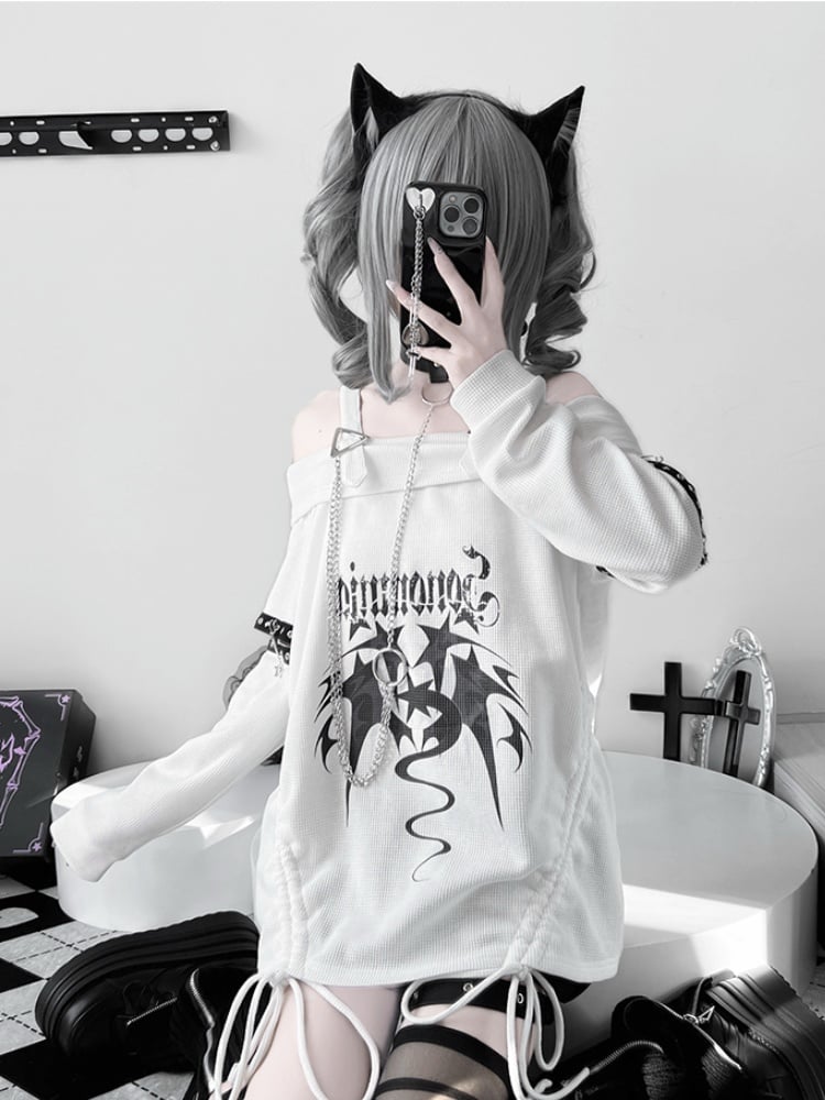 White Off-the-shoulder Neckline Drawstring Design Punk Top