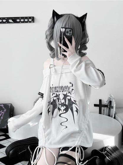 White Off-the-shoulder Neckline Drawstring Design Punk Top