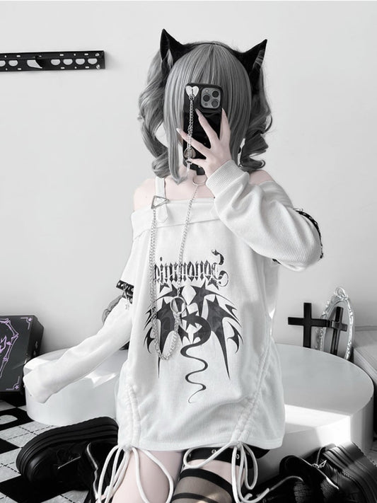 White Off-the-shoulder Neckline Drawstring Design Punk Top