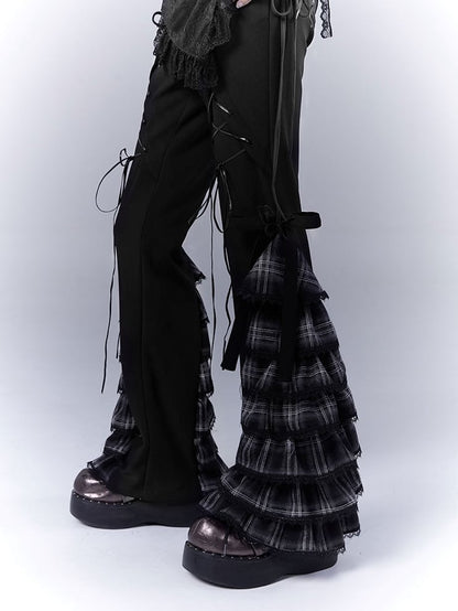 Black Lace-up Front Tiered Plaid Cuffs Slim-fitting Pants