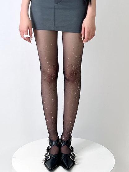 Halbtransparente Strumpfhose mit Strassverzierung in Hautfarbe/Schwarz/Weiß