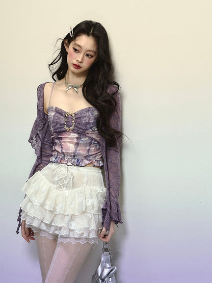 Lavender Semi-Sheer Open Placket Lace Top