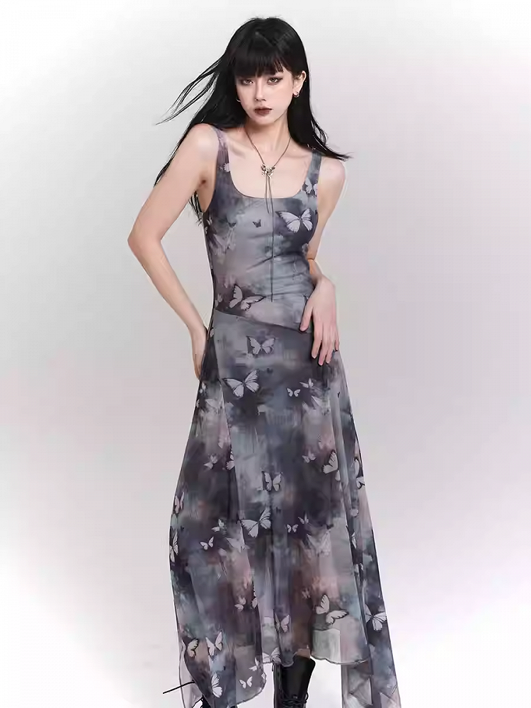 Robe sans manches à ourlet asymétrique et imprimé papillon bleu et violet