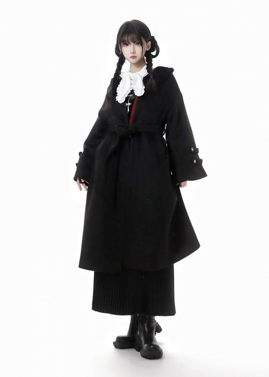 Black Open Placket Cherry Tonal Embroidery Coat