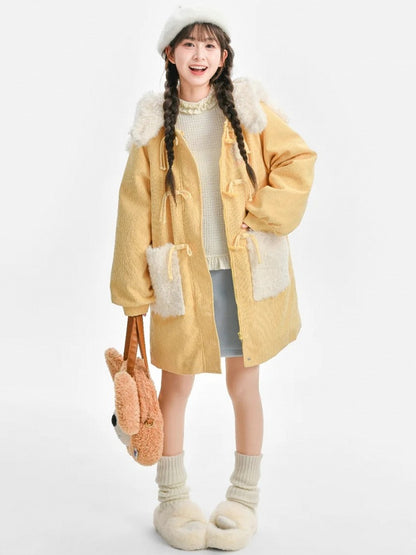 Milk Yellow Cute Lamb Hood Hooded Corduroy Duffle Coat