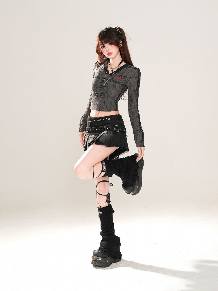 Black/Dark Gray V-Neck Distressed Holes Glamorous Cropped Top