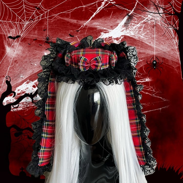 Plaid Lolita Rabbit Extra-Long Red Black Ear Headpiece