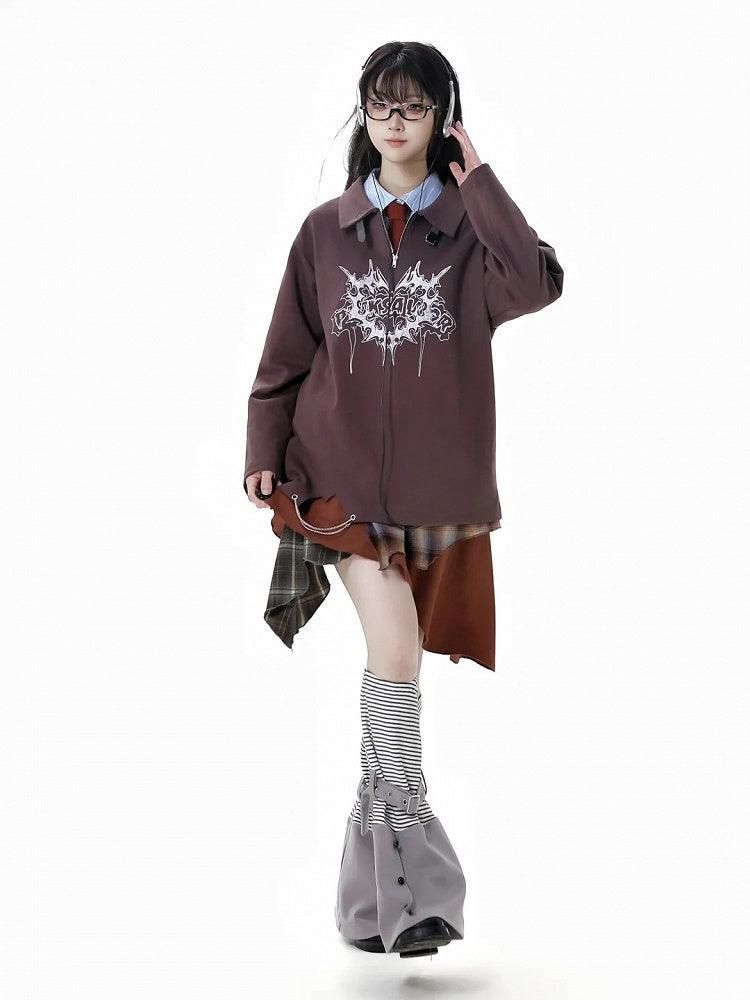 Collar Banded Graphic Sweatshirt Brown Polo Collar Buckle Strap Neckline