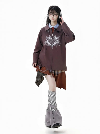Collar Banded Graphic Sweatshirt Brown Polo Collar Buckle Strap Neckline