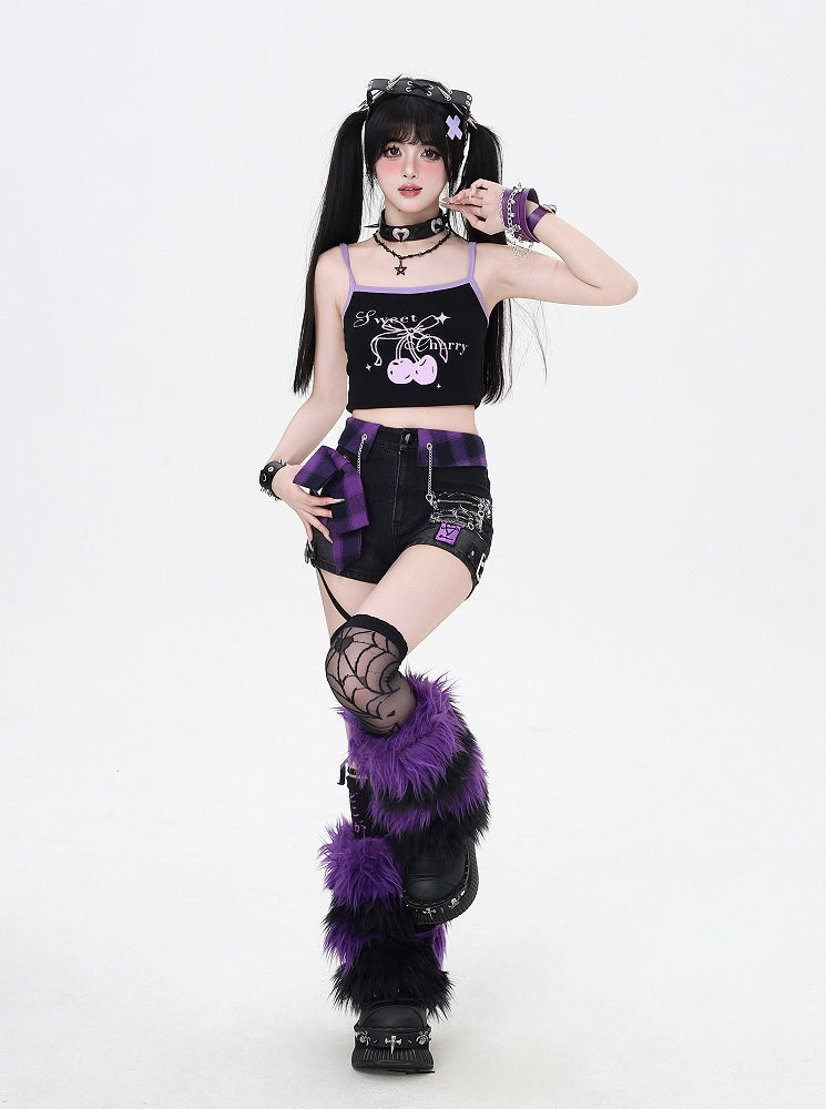 Purple Plaid Bowknot Black Glamorous Denim Shorts