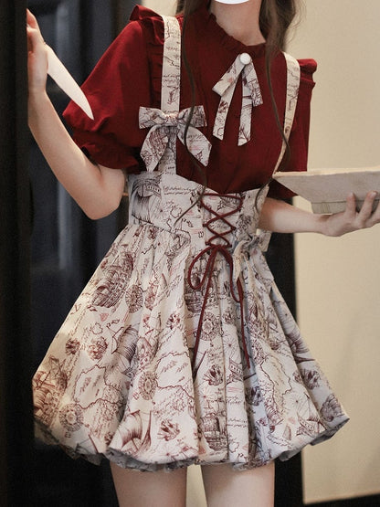 Wine Red Jacquard Overall Dress with Bubble Skirt Lace-up Waist