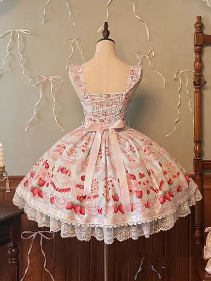 und Kleid Print Süßer Pullover Erdbeerblauer Rock Süßer Kuchen Lolita