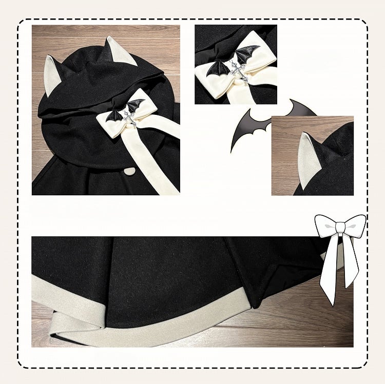 Black & Gray Kitty Ear Design Hooded Cloak