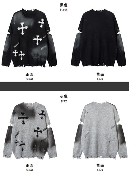 Y2K Black/Grey Cross Shaped Distressed Holes Round Neck Sweater