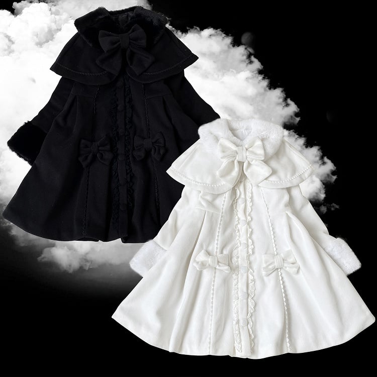 Jirai Kei White/Black Detachable Cape Bowknot Details Landmine Style Coat
