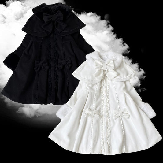 Jirai Kei White/Black Detachable Cape Bowknot Details Landmine Style Coat