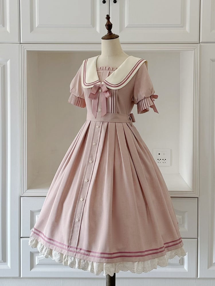 Sakura Pink Sailor Style Summer Dress Pleating Detail Cuffs