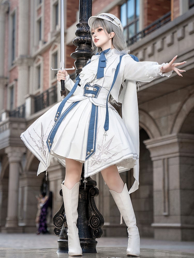 White and Blue Military Lolita Outfit Long Sleeves Top High Waist Skirt