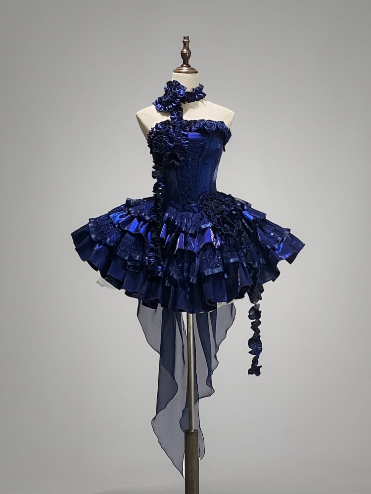 Klein Blue Roses Neckline Lolita Goth Boning Dress Sequins Tiered Puffy Dress