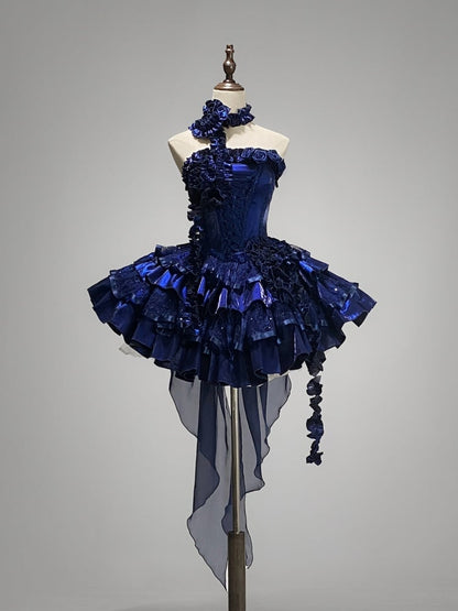 Klein Blue Roses Neckline Lolita Goth Boning Dress Sequins Tiered Puffy Dress
