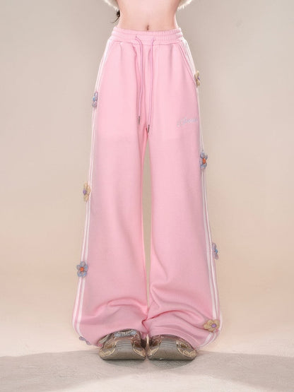 Gray Pink Floral Design Straight-leg Cut Pants