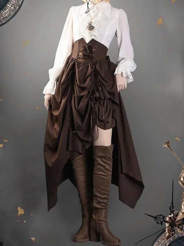 Brown Corset Belt High Waist Steampunk Lolita Drawstring Skirt