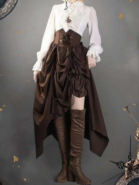 Jupe taille haute à cordon de serrage style steampunk lolita avec ceinture corset marron