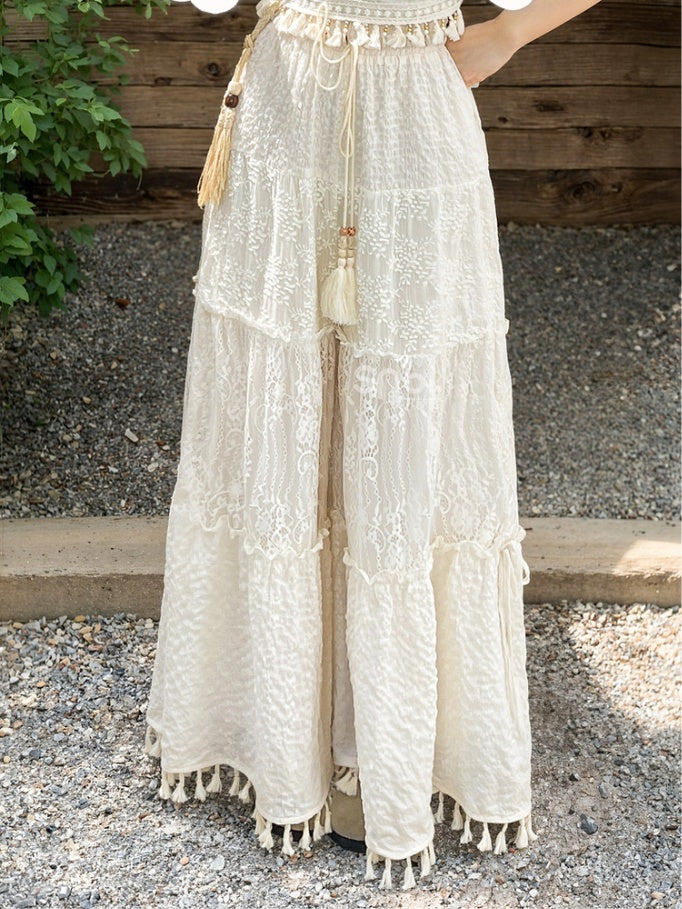 Waist Version White Drawstring Regular/Short Wide-Leg Pants with Tassel Cuffs Hollow-out