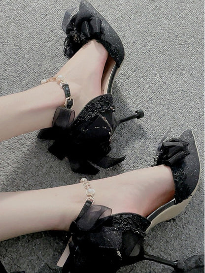 Black Heel Pointed Toe Ankle Strap Bow Glittering High Heels with Beaded Chains