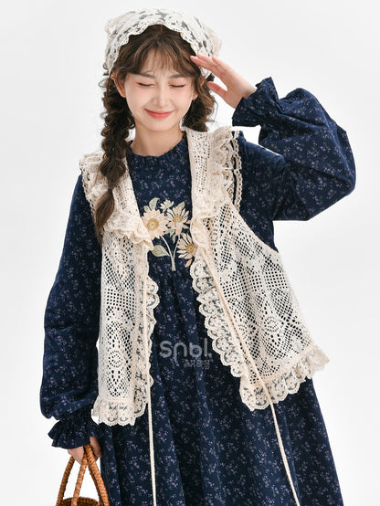Dark Blue Floral Ruffle Neckline Mori Kei Floral Dress