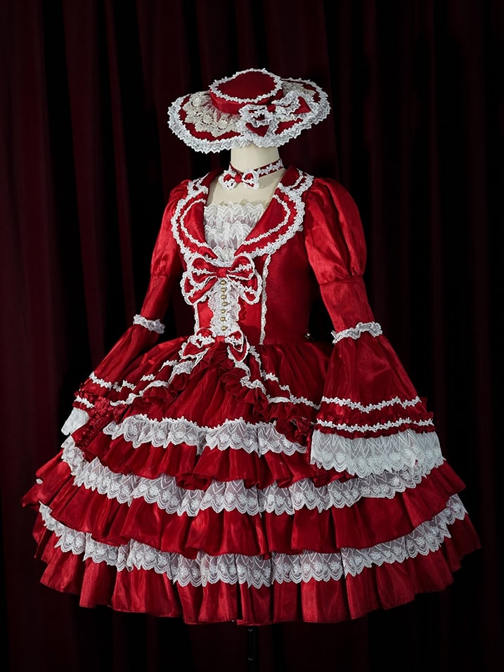 Red Gorgeous Tiered Ruffle Skirt Puff Sleeves and Bell Sleeves Lolita Dress